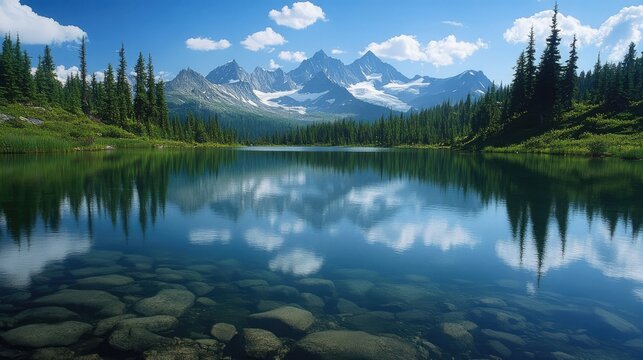 Clear lake reflects pine trees and snow-covered mountains beneath bright blue sky. Rocky shoreline and crystal water enhance peaceful scene with vivid colors and sharp natural details. Generative AI