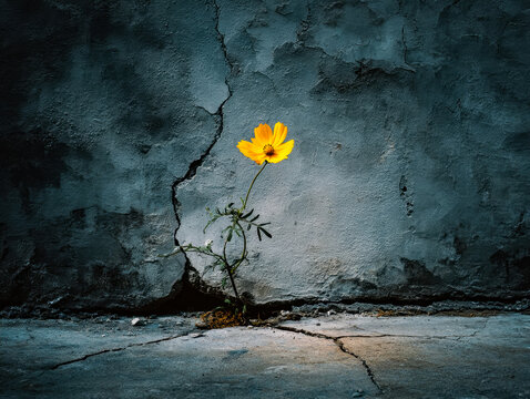 Resilience of nature: a single yellow flower growing through a cracked wall