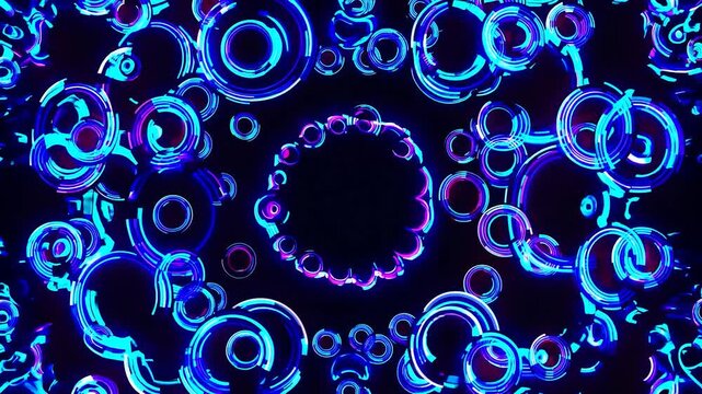 Neon circles glowing, pulsing, shrinking against dark backdrop, generating hypnotic rhythmic visual pattern with seamless vibrant energy