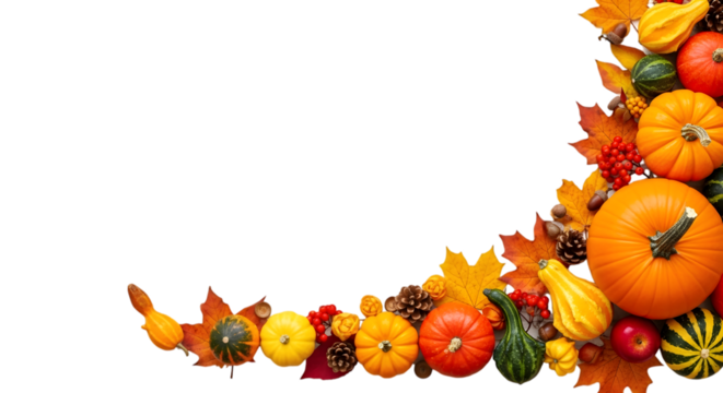 A decorative arrangement of various pumpkins, gourds, squash, and autumn leaves forming a border, isolated on transparent background