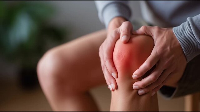 Athlete hands massaging inflamed knee, signaling joint pain, injury aftermath or chronic condition affecting athletic performance