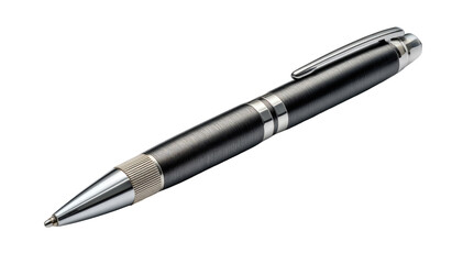 Dark gray ballpoint pen, angled shot.  Metal, textured body.  Sleek design