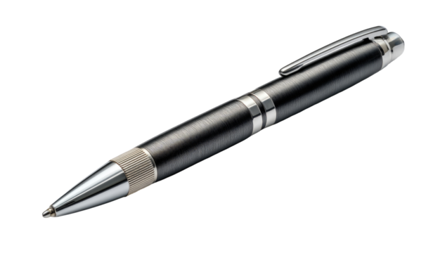 Dark gray ballpoint pen, angled shot.  Metal, textured body.  Sleek design