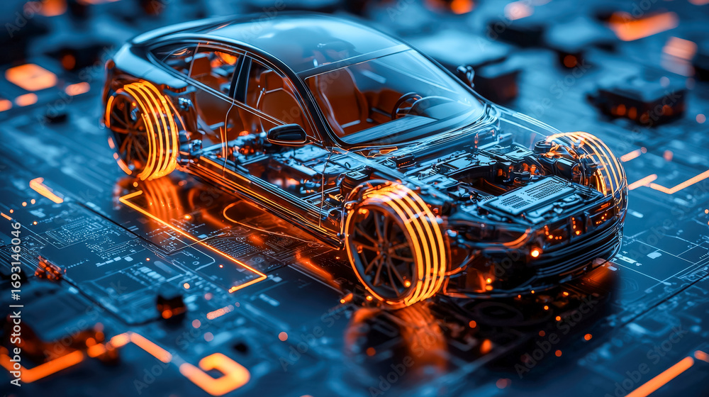 Aufkleber digital rendering of an autonomous car with glowing neon accents on a futuristic circuit board backg