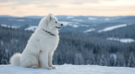 Obraz premium Fluffy White Dog Sitting Calmly in Snowy Winter Landscape