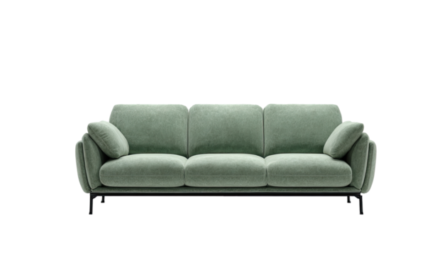 Light sage green sofa with sculpted cushions and black legs