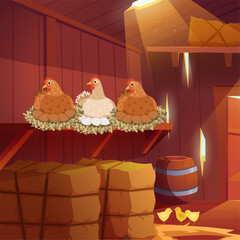 Chicken roost. interior of barn with hay chicken farm. vector cartoon background