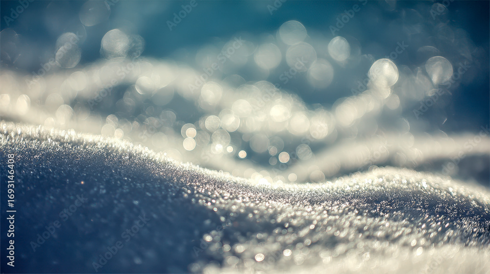 Poster sparkling frost glistening on snow-covered ground with soft focus bokeh background creating a dreamy