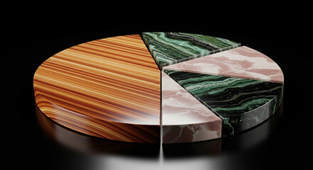 A pie chart made of different materials like wood, marble and granite, representing data visualization and resource allocation on black background