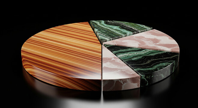 A pie chart made of different materials like wood, marble and granite, representing data visualization and resource allocation on black background - Powered by Adobe