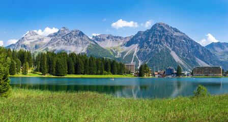 Arosa is a picturesque mountain resort town in canton Graubunden, Switzerland. Obersee lake.