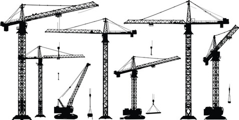 Silhouettes of multiple tower cranes lifting equipment, industrial construction machinery working on building sites, vector illustration for heavy load lifting.
