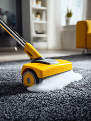 Obraz premium Handheld carpet cleaner removing foam from a dark gray rug in a modern living room
