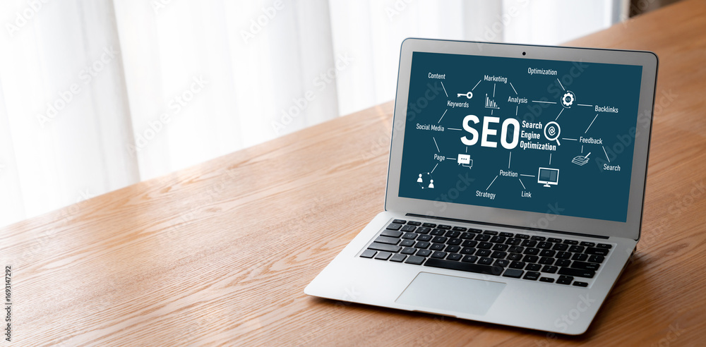 Poster seo search engine optimization for modish e-commerce and online retail business showing on computer 