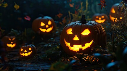 Fototapeta premium Close-up of carved jack-o-lantern with glowing light inside, surrounded by other pumpkins in dark forest setting. Fallen leaves cover ground. Generative by AI