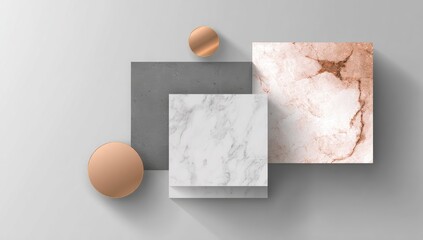 Geometric composition featuring layered squares of marble and concrete, accented by copper-toned circles, creating a modern and minimalist aesthetic.