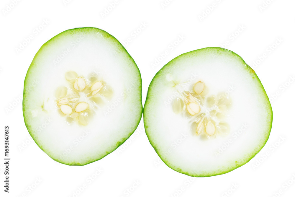 Poster fresh cucumber slices with visible seeds on white background