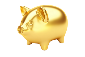 A gold piggy bank with a gold coin inside