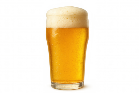 Pint glass full of cold, refreshing beer with a thick head of foam, isolated on a transparent background