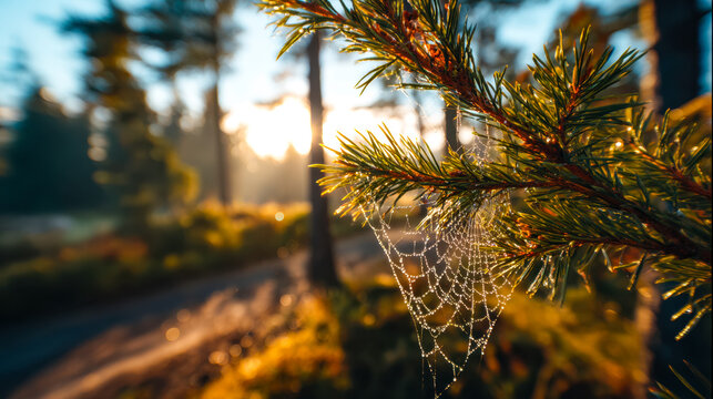 Dew-covered spider web on pine branch in morning sunlight