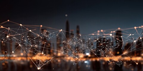 Abstract cityscape at night, interconnected by a network of luminous lines