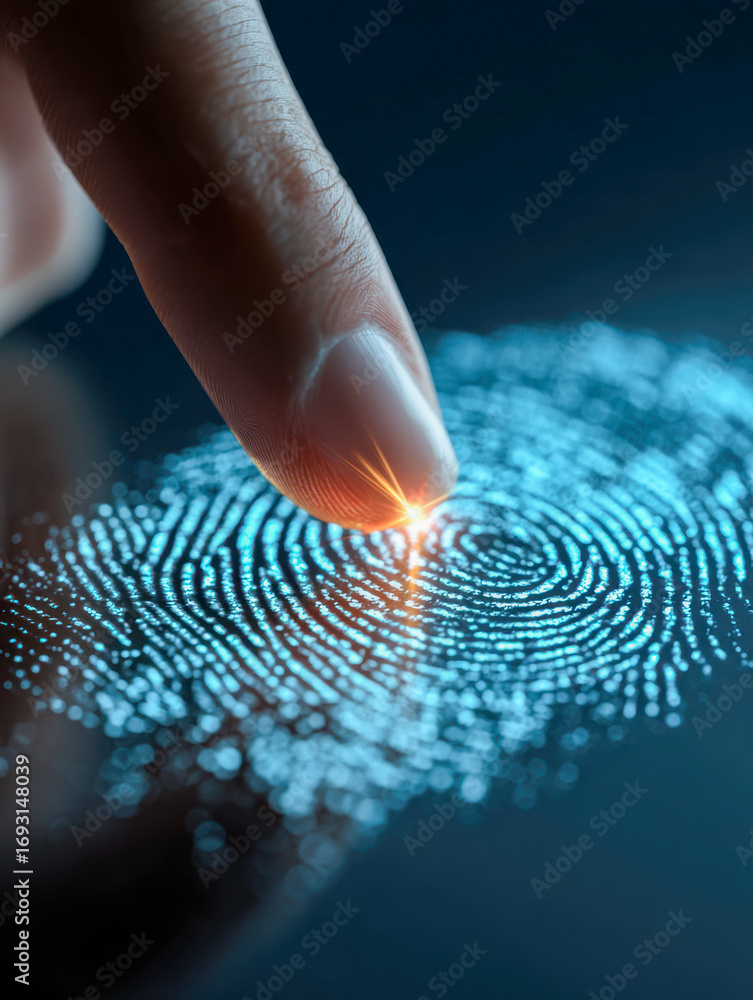 Aufkleber person using futuristic technology to scan fingerprint with glowing digital patterns highlighting bi