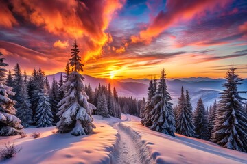 Photo of snowcovered pine forest path leading towards a majestic mountain range under a dramatic sunset sky with fiery orange and red clouds illuminating the winter landscape