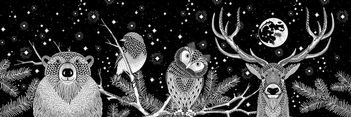 Hand Drawn Winter Solstice Forest Animals Illustration with Moon and Stars
