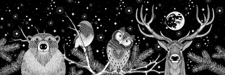 Hand Drawn Winter Solstice Forest Animals Illustration with Moon and Stars © Franzi draws
