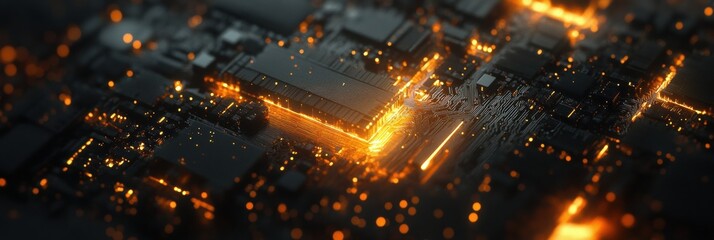 Intricate details of a circuit board illuminated by orange light showcasing technology and innovation within a modern electronics environment