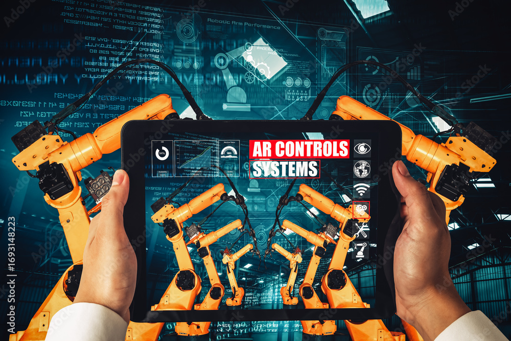 Poster engineer controls robotic arms by augmented reality industry technology application software. smart 