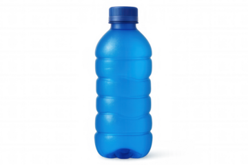 Blue plastic water bottle standing in studio setting, transparent backdrop revealing streamlined shape and clean aesthetic
