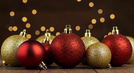 Red and Gold Christmas Baubles with Bokeh Lights.