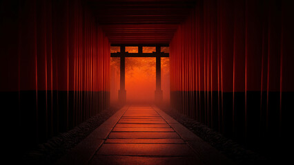 Fototapeta premium Endless Vermilion Torii Gates with Sunlight and Lanterns in image of Kyoto Shrine