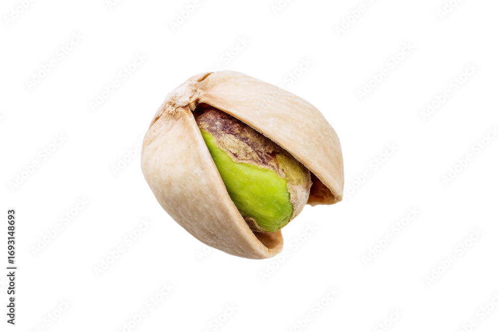 Poster single pistachio nut with open shell on black background