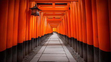 Fototapeta premium Endless Vermilion Torii Gates with Sunlight and Lanterns in image of Kyoto Shrine
