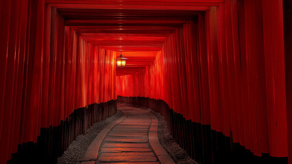 Endless Vermilion Torii Gates with Sunlight and Lanterns in image of Kyoto Shrine