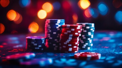 On the table colorful arrangement of poker chips against a captivating bokeh background, creating a vibrant and dynamic gambling scene that perfectly encapsulates the excitement and thrill of the game