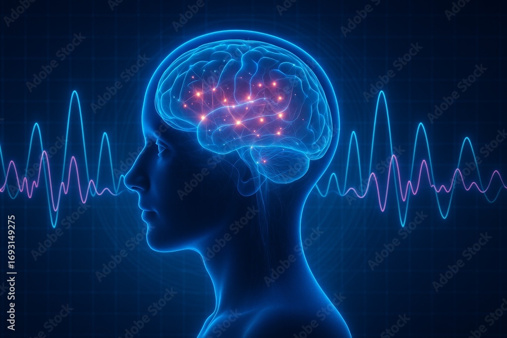 Poster neuroscience visualization: human brainwaves and neural connections in profile