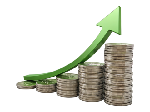 Stacks of coins showing growth with a green arrow pointing upwards on a black background illustration created with generated ai