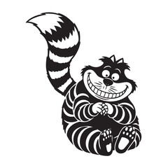 Fabulous striped cat with a wide smile and teeth, black silhouette on a transparent background, vector drawing for stencil