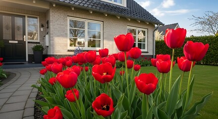 Red tulips in front of a house.