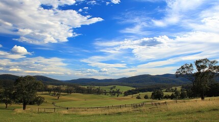 Vast open landscape of smooth rolling green hills under bright daylight, scattered white clouds drift across vibrant blue sky, no visible buildings or objects. Generative by AI