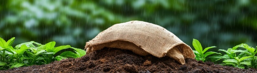 Fototapeta premium Burlap Covered Soil Heap in Rain, Germination, Gardening