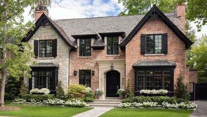 Grand two-story brick home with stone accents