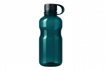 Teal plastic sports water bottle featuring black cap and ergonomic handle, positioned against transparent backdrop for design mockup