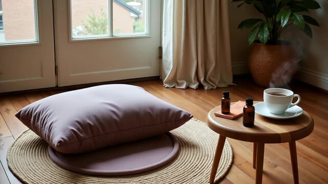 Cozy meditation corner with purple cushion and wooden table with tea  