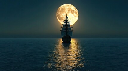 Large full moon shines brightly over calm ocean where a sailboat with full sails floats, moonlight reflects across water surface, clouds scattered on horizon. Generative by AI