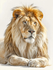 Fototapeta premium Regal lion with a majestic mane resting on a plain background