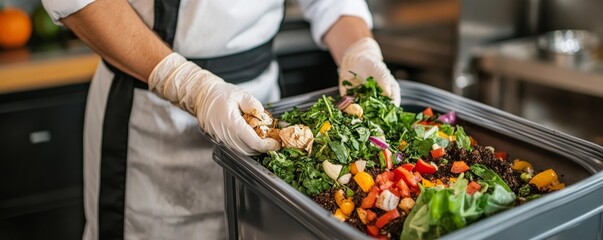 Chef Sorting Food Waste in Bin with Gloves, Sustainability , Recycling